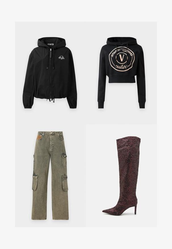 Sort vindjakke med snoretræk i hætten, elastiske manchetter og lynlås lukning. Har et hvidt grafisk logo på brystet. Letvægtsmateriale.; Sort cropped hoodie med lange ærmer, der har et cirkulært logo i rose guld og snore i halsen. Lavet af blødt stof.; Cargo bukser i grågrøn denim med høj talje, brede ben, to sidelommer til cargo og en tekstureret lys brun lap på fronten.; Pinko STAINER STIVALE - Overknees - purple