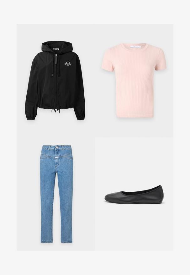 Sort vindjakke med snoretræk i hætten, elastiske manchetter og lynlås lukning. Har et hvidt grafisk logo på brystet. Letvægtsmateriale.; Lyserød ribbet t-shirt med korte ærmer og rund halsudskæring, der har en blød tekstur og en tætsiddende pasform.; Lysblå denimjeans med lige ben, fem lommer og knaplukning. Har en let falmet overflade og minimal syning.; Sort læderballetsko med rund tå, glat tekstur, minimal syning og et fleksibelt såldesign.