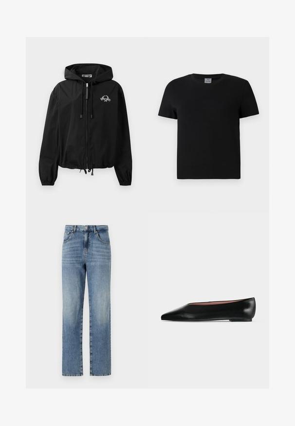 Chaqueta cortavientos negra con capucha ajustable, puños elásticos y cierre de cremallera. Presenta un logotipo gráfico blanco en el pecho. Material ligero.; Camiseta de algodón negra con cuello redondo y mangas cortas. Diseño sencillo, sin patrones ni acentos, con un corte recto en la cintura.; Jeans de mezclilla en un azul claro con un diseño de pierna recta, que cuentan con cinco bolsillos, un cierre de botón y cremallera, y un desvanecimiento mínimo en la tela.; Zapato plano negro de cuero para mujer con punta puntiaguda y tacón bajo, mostrado de lado sobre un fondo liso gris claro.