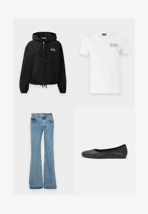 Zwarte windbreakerjas met een trekkoordcapuchon, elastische manchetten en een ritssluiting. Bevat een wit grafisch logo op de borst. Lichtgewicht materiaal.; Witte katoenen T-shirt met korte mouwen, ronde halslijn en een zilverkleurig EA7-logo op de linker borst. Gladde textuur, casual pasvorm.; Lichtblauwe flared jeans van denim, met een hoge tailleband, voorzakken en rafelige рanden voor een relaxte pasvorm.; Zwarte leren ballerina met een ronde neus, gladde textuur, minimale stikdetails en een flexibele zoolontwerp.
