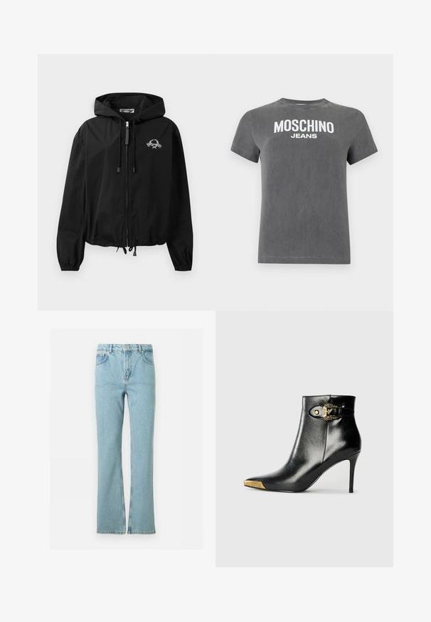 Chaqueta cortavientos negra con capucha ajustable, puños elásticos y cierre de cremallera. Presenta un logotipo gráfico blanco en el pecho. Material ligero.; Camiseta gris de manga corta con texto blanco "MOSCHINO JEANS" impreso en el pecho, cuello redondo y ajuste casual.; Vaqueros de mezclilla azul claro de pierna recta con botón frontal, cremallera, trabillas para cinturón y diseño de cinco bolsillos sobre un fondo blanco.; Botín negro hasta el tobillo fabricado en cuero brillante, con punta puntiaguda, tacón de aguja y detalles dorados con una hebilla decorativa.