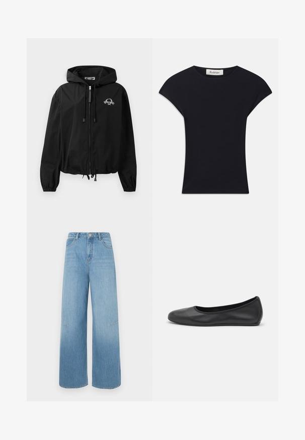 Schwarze Windjacke mit Kordelzugkapuze, elastischen Bündchen und Reißverschluss. Mit einem weißen Grafiklogo auf der Brust. Leichtes Material.; Schwarzes Kurzarmoberteil aus weichem Stoff, mit einem runden Ausschnitt und einer figurbetonten Form, die subtile Schulterakzente setzt. Etikett sichtbar.; Himmelblaue weit geschnittene Jeans mit hoher Taille, zwei vorderen Taschen, zarten Nähten und einer lockeren Passform.; Schwarze Leder-Ballettschuhe mit abgerundeter Spitze, glatter Textur, minimalen Nähdetails und einem flexiblen Sohlen-Design.