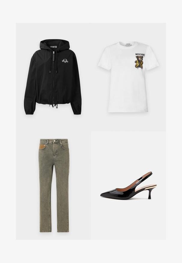 Schwarze Windjacke mit Kordelzugkapuze, elastischen Bündchen und Reißverschluss. Mit einem weißen Grafiklogo auf der Brust. Leichtes Material.; Weißes T-Shirt mit kurzen Ärmeln, auf dem ein kleiner brauner Teddybär in einem gelben Maßband eingewickelt ist, und der Schrift "MOSCHINO" auf der oberen linken Brustseite.; Grüne Denim-Jeans mit geradem Bein, die eine braune Korduroytasche als Akzent und zarte Verwaschungen im Stoff aufweisen.; Schwarzer Lackleder Slingback-Pumps mit spitz zulaufender Kappe und niedrigem Katzenabsatz auf weißem Hintergrund.