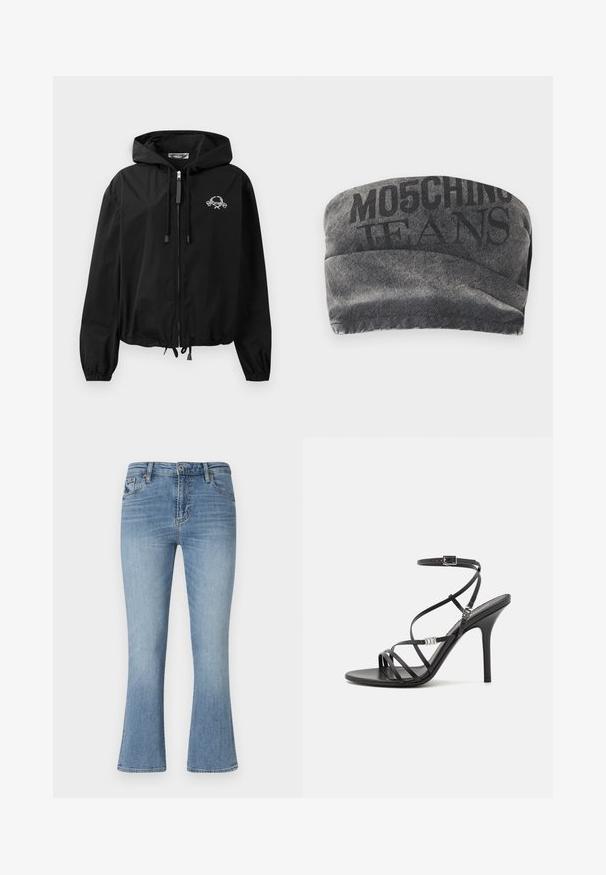 Veste coupe-vent noire avec capuche à cordon de serrage, poignets élastiques et fermeture éclair. Présente un logo graphique blanc sur la poitrine. Matériau léger.; Bandeau en denim noir avec une finition texturée et l'inscription "MO5CHING JEANS" en lettres majuscules. Présente un design aux courbes lisses et des bords cousus.; Jean évasé bleu clair en denim. Il présente une taille mi-haute, cinq poches et des passants de ceinture. Détails de décoloration et couture visibles.; Sandale noire à talons hauts avec des brides fines, une boucle à la cheville, une surface en cuir lisse et un talon aiguille élancé.