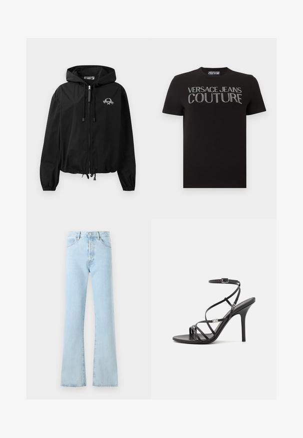 Schwarze Windjacke mit Kordelzugkapuze, elastischen Bündchen und Reißverschluss. Mit einem weißen Grafiklogo auf der Brust. Leichtes Material.; Schwarzes T-Shirt mit kurzen Ärmeln und der Aufschrift "VERSACE JEANS COUTURE" aus silbernen Strasssteinen quer über der Brust sowie einem Markenetikett am Ausschnitt.; FRAME THE VERTICAL - Jeans Relaxed Fit - light blue; Schwarze High-Heel-Sandale mit dünnen Riemen, einem Knöchelverschluss, einer glatten Lederoberfläche und einem schlanken Stiletto-Absatz.