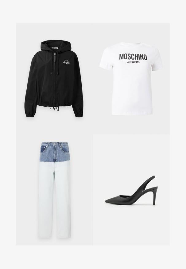 Must musta windbreaker jakk koos kapuutsiga, millel on elastsed varrukad ja lukuga sulgemine. Rinnal on valge graafiline logo. Kerge materjal.; Valge lühikeste varrukatega t-särk, mille rinnale on trükitud musta värviga "MOSCHINO JEANS" tekst, nähtav lihtsal taustal.; Teksasest sünteetilisest kiust teksad, mille ülaosas on sinine toon, mis fading'ib heledamaks allosas. Omab viit taskut, nööbiga sulgemist ja sirget säärte disaini.; Must musta sanga, millel on terav nina ja esiosas lõige, ning õhuke stiletto konts.