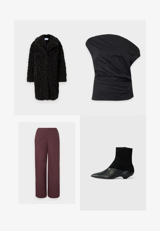 Manteau long en fausse fourrure noire texturée et bouclée, avec des revers larges et des manches longues, suspendu sur un fond blanc uni.; Top asymétrique noir à une épaule avec des fronces douces sur le côté, en tissu lisse.; Pantalon marron taille haute à jambes larges avec un devant lisse et des poches latérales, présenté sur un fond clair uni.; Bottine noire avec une tige en daim texturé et un embout en cuir lisse. Dispose d'un bout pointu et d'un design de talon bas unique.