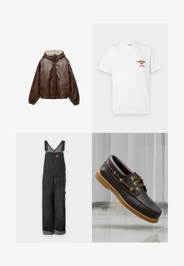Veste à capuche en similicuir marron avec fermeture éclair frontale, poignets et ourlet élastiques, deux poches avant et doublure à carreaux à l'intérieur de la capuche.; T-shirt blanc à manches courtes et col rond avec texte marron « Carhartt WIP Coffee » sur la poitrine gauche, taille moyenne, présenté à plat sur un fond clair.; Salopette en jean noire avec une poche poitrine à l'avant, des bretelles réglables et des jambes larges retroussées.; Chaussures de bateau en cuir marron avec un design rembourré, œillets jaunes, lacets marron et semelle en caoutchouc tan ; elles présentent des détails de couture complexes.