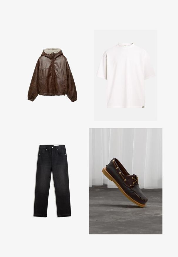 Veste à capuche en similicuir marron avec fermeture éclair frontale, poignets et ourlet élastiques, deux poches avant et doublure à carreaux à l'intérieur de la capuche.; T-shirt blanc uni à manches courtes et col rond, avec une petite étiquette rectangulaire "Rebel" sur l'ourlet inférieur droit.; Jean en denim noir à jambes droites avec cinq poches et une taille haute, présenté à plat sur un fond blanc.; Chaussure bateau en cuir brun foncé avec semelle marron clair et détails en lacets, vue en angle au-dessus d'un sol gris avec des rideaux blancs en arrière-plan.