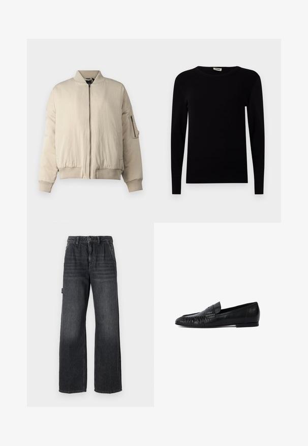 Beige bomberjakke med ribbet krave og manchetter, frontlynlås, sidelommer og en lille lynlåslomme på ærmet. Glat tekstur.; Sort langærmet crewneck sweater lavet af ribbet stof. Har tætsiddende ærmer og en glat tekstur. Enkel, minimalistisk design.; Bredde bukser i mørkegrå denim med høj talje, forlommer og diskret slidmærker på lårene. Kontrastsyning.; Sorte læder loafers med rund tå, syet detaljering på forsiden og flad sål. Minimalistisk design med en diskret logoaccent.