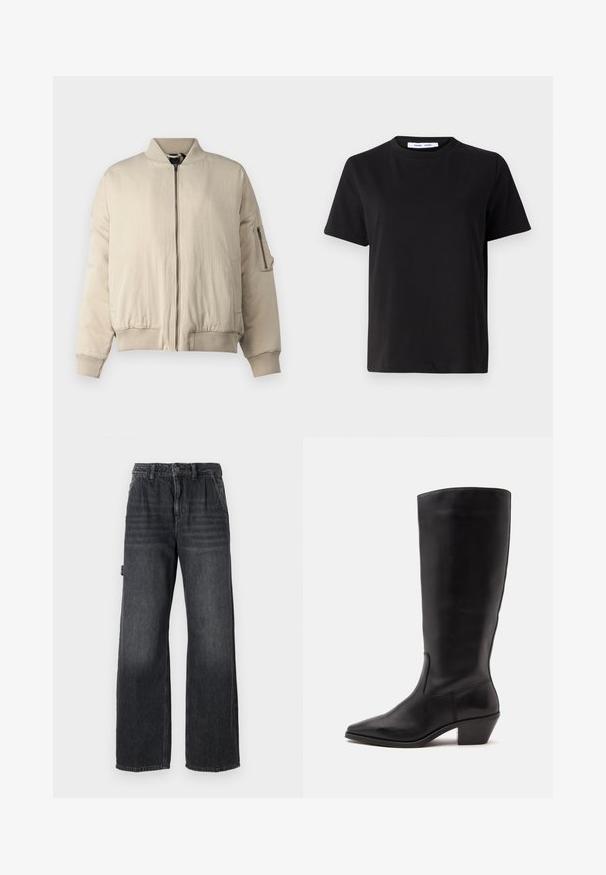Veste bomber beige avec col et poignets côtelés, fermeture éclair frontale, poches latérales et une petite poche zippée sur la manche. Texture lisse.; T-shirt noir à manches courtes en coton doux, avec un col rond, une coupe décontractée et une texture lisse. Pas de motifs ni de graphiques visibles.; Jean large en denim gris foncé, avec une taille haute, des poches avant et un léger délavage sur les cuisses. Détail de couture contrastée.; Botte en cuir noire mi-mollet avec un bout pointu et un talon bas incliné sur un fond clair uni.