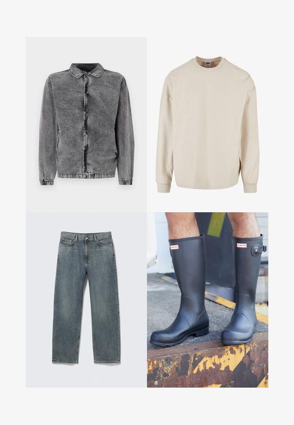 Hallhalli denim jakk, millel on kaelus, esi-nuppudega sulgemine ja elastsed varrukad. Omab kergelt kulunud tekstuuri ja klassikalist disaini.; Beeži ribalikud pikka varsiga kätised särk, millel on ümar kaelus, langevad õlad ja ribalikud mansetid. Pehme tekstuur ja vabalt langev lõige.; Sinised sirge lõikega teksapüksid esikülje ja tagataskutega, vööaasad ning nööpidega sulgemisega, paigutatud valgele taustale.; Inimene mustades Hunteri vihmikutšulkades seisab roostetanud metallserval, millel on kollased ja mustad hoiatusmärgised.