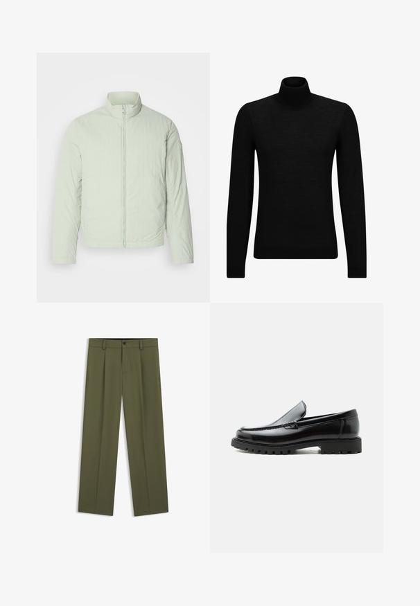 Heled roheline isolaatorjakk kõrge kraega, eesnepa ja pikkade varrukatega. Tekstureeritud kangas siledaga ja ilma nähtava brändita.; Musthave muströid ja pehmest materjalist must turtleneck, millel on pikad varrukad ja tihe istuvus. Ribaga ääris allservas ja vöökohal. Lihtne disain.; Õlivena rohelised sirge säärega püksid vööaasade, eesnupu ja lukuga, esitatud lamades valgel taustal.; Mustast nahast loafers, millel on robustne kummist tald, õmmeldud pealne ja reljeefsete tähtedega brändinimi kannal, külgvaates valgel taustal.