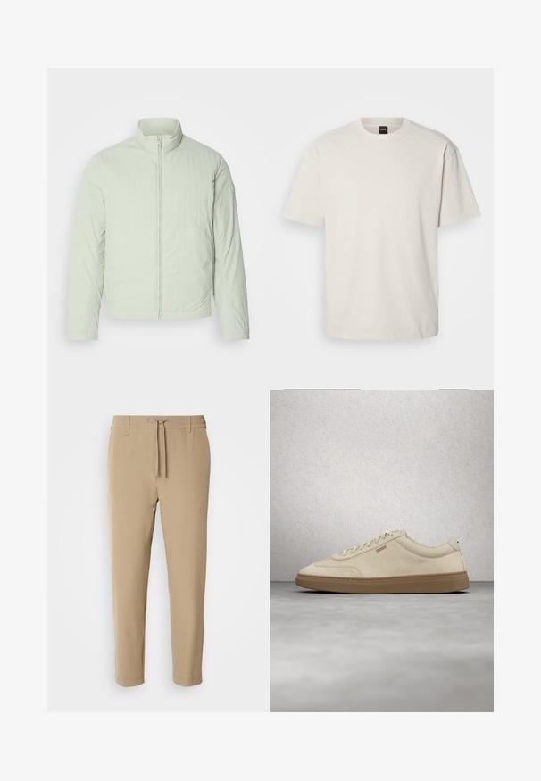 Lys mintgrøn isoleret jakke med høj krave, frontlynlås og lange ærmer. Struktureret stof med en glat overflade og uden synlig branding.; Kortærmet, crew-neck t-shirt i off-white bomuld med lige snit og minimal branding på kraven. Blød tekstur, uden mønstre.; Beige, tapered bukser med elastisk talje og snor. Glat stof med et rent design uden synlige mønstre eller hardware.; Lyse beige ruskindssneaker med gummisål i farven gum, tydelige snørebånd og fine syningsdetaljer. Ren design med et minimalistisk æstetisk udtryk.