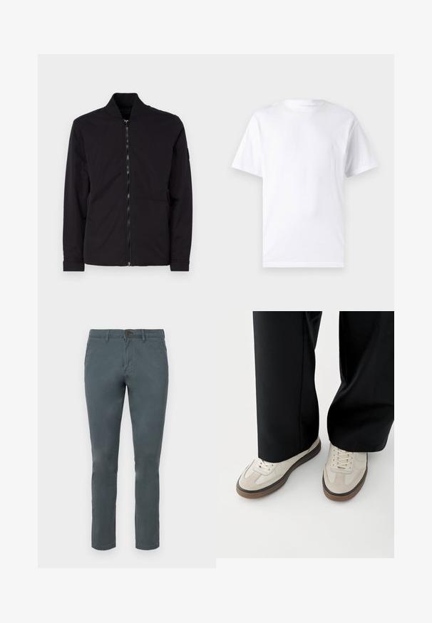Veste noire avec fermeture éclair, col côtelé, manches longues et tissu lisse. Présente un design minimaliste sans motifs ou accents visibles.; T-shirt blanc à manches courtes en coton avec un col rond, présentant une texture lisse et un design simple, sans motifs ni accents.; Pantalons en mélange de coton gris avec une coupe slim, fermeture à bouton et deux poches avant. Texture lisse et design à jambe droite.; Pieds portant des baskets beige avec des semelles marron et un pantalon noir à jambes larges sur fond blanc.