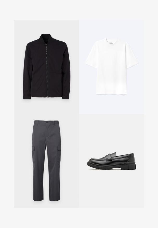 Veste noire avec fermeture éclair, col côtelé, manches longues et tissu lisse. Présente un design minimaliste sans motifs ou accents visibles.; T-shirt blanc uni à manches courtes et col rond avec une coupe décontractée, présenté sur un fond clair.; Pantalons cargo gris charbon en tissu lisse, avec une coupe droite, deux poches latérales et une fermeture à bouton à la taille.; Mocassin en cuir noir avec une large sangle sur le devant, semelle en caoutchouc à épaisse rainure, et texture lisse. Design classique et élégant.