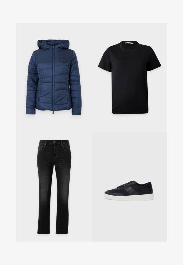 Veste matelassée bleu marine avec capuche, dotée d'une fermeture éclair à l'avant, d'un design matelassé et d'une surface texturée pour plus de chaleur et de confort.; T-shirt noir uni à manches courtes et col rond, posé à plat sur un fond blanc avec une étiquette de marque visible à l'intérieur du col.; Jean noir droit avec un design classique à cinq poches et une fermeture par bouton sur un fond uni.; Baskets en cuir noir avec une semelle en caoutchouc blanc, dotées de panneaux texturés et d'une fermeture à lacets. Design minimaliste sans marquage visible.