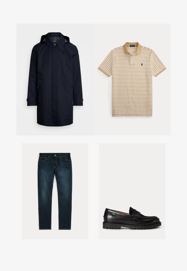 Donkerblauwe waterdichte jas met een capuchon, knoopsluiting, twee voorzakken en tabdetails op de manchetten. Gladde buitenafwerking.; Beige en wit horizontaal gestreept polo met korte mouwen, een beige kraag en een klein marineblauw logo op de linkerborst.; Donkerblauwe slim-fit jeans met lichte vervaging en vijfzakkenontwerp, plat gelegd op een witte achtergrond.; Zwarte leren loafer met dikke zool, afgeronde neus en een groene Polo logolabel aan de zijkant.
