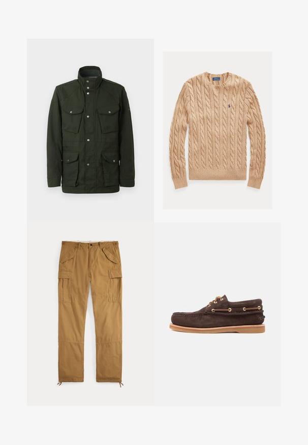 Mørkegrøn, mellemlang jakke med høj krave og sølvhardware. Har to brystlommer og to nederste sidelommer. Glat tekstur.; Beige kabelstrikket crewneck-sweater med lange ærmer og lille blåt Polo Ralph Lauren-logo på venstre bryst.; Brune cargobukser med knaplukning, bæltestropper, klaplommer på lårene og snore ved ankelmanchetterne, lagt fladt på en hvid baggrund.; Brune ruskinds bådsko med læderlisser, guldfarvede øjer, syet moc toe og lysebrun gummisål på hvid baggrund.