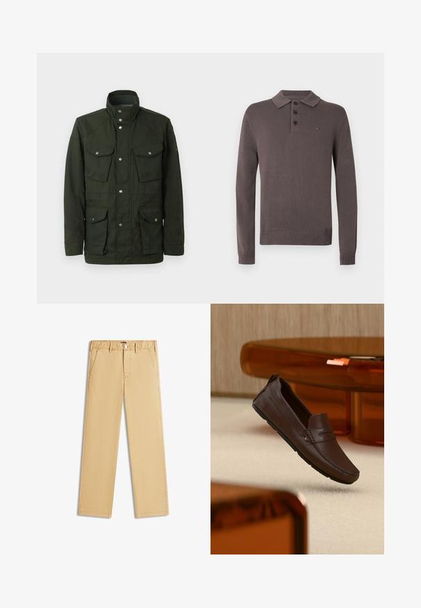 Chaqueta verde oscura de longitud media con cuello alto y herrajes plateados. Dispone de dos bolsillos en el pecho y dos bolsillos laterales inferiores. Textura suave.; Polo de punto marrón de manga larga con cuello, puños y dobladillo acanalados, que cuenta con tres botones y un pequeño logotipo de bandera en el pecho izquierdo.; Pantalones beige de corte recto con presillas para cinturón, botón frontal y bolsillos laterales inclinados, dispuestos planos sobre un fondo blanco.; Zapato mocasín de cuero marrón flotando sobre una alfombra beige con muebles modernos de cristal tintado ámbar en el fondo.