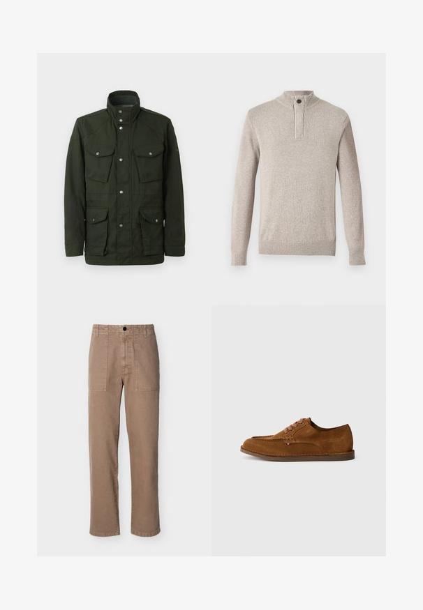 Chaqueta verde oscura de longitud media con cuello alto y herrajes plateados. Dispone de dos bolsillos en el pecho y dos bolsillos laterales inferiores. Textura suave.; Suéter de punto de color beige claro con un alto cuello, una tapeta con botones de un cuarto y puños acanalados. Tejido texturizado con un patrón sutil en toda la prenda.; Pantalones color canela de pierna recta con bolsillos parche delanteros, cierre de botones, trabillas para cinturón y costuras visibles sobre un fondo claro y liso.; Zapato de ante marrón con punta redondeada, costuras decorativas y seis ojales para cordones en contraste. Suela plana y diseño minimalista.