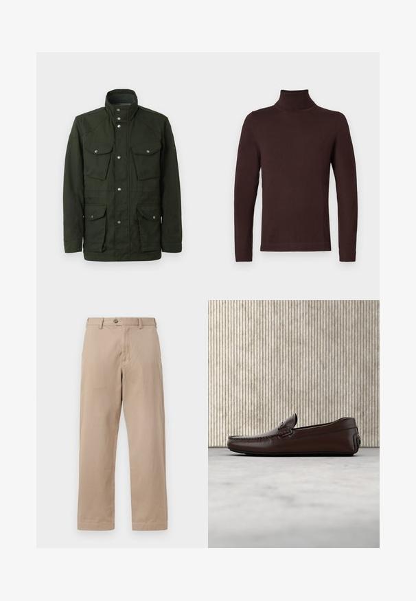 Mørkegrøn, mellemlang jakke med høj krave og sølvhardware. Har to brystlommer og to nederste sidelommer. Glat tekstur.; Mørkebrun langærmet turtleneck-sweater med slim fit, vist på en ensfarvet hvid baggrund.; Beige chinos lavet af let bomuld, med lynlåsgylp og knaplukning, samt lige ben-design med forlommer.; Brune lædersandaler med en glat overflade, mokkasin-lignende syninger, hævet tå og en lav, fleksibel gummisål.