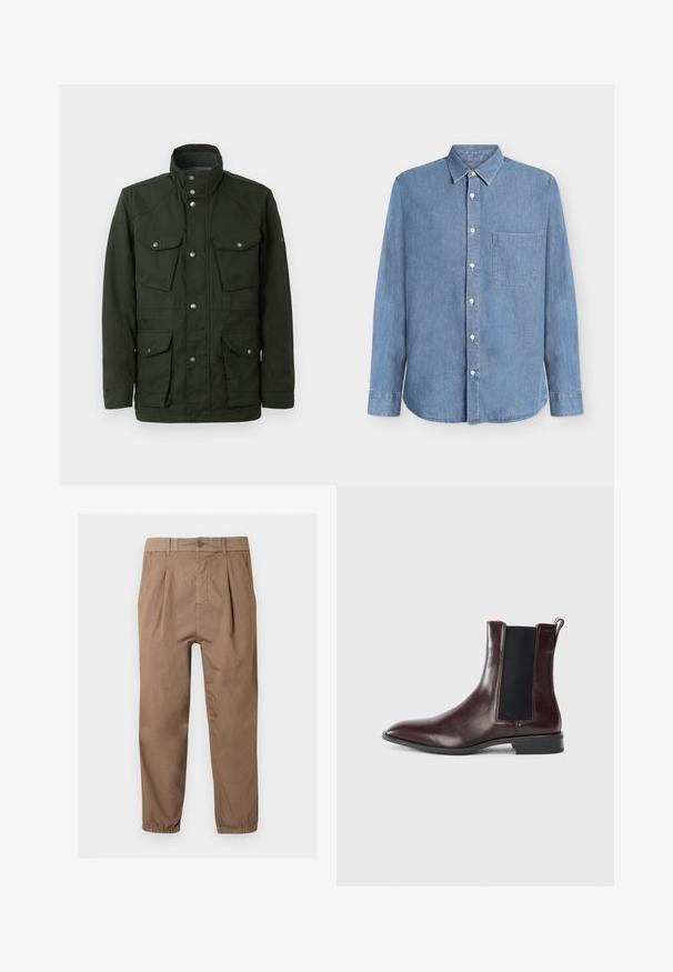 Chaqueta verde oscura de longitud media con cuello alto y herrajes plateados. Dispone de dos bolsillos en el pecho y dos bolsillos laterales inferiores. Textura suave.; Camisa vaquera azul claro de manga larga con botones, cuello en punta y un solo bolsillo en el pecho sobre un fondo liso.; Pantalones marrones de corte cónico con cierre de botón, pliegues delanteros, bolsillos laterales, trabillas para cinturón y puños elásticos en los tobillos.; Bota Chelsea de cuero marrón con paneles laterales elásticos, punta afilada y una textura suave. Base negra y un sutil detalle de costura.