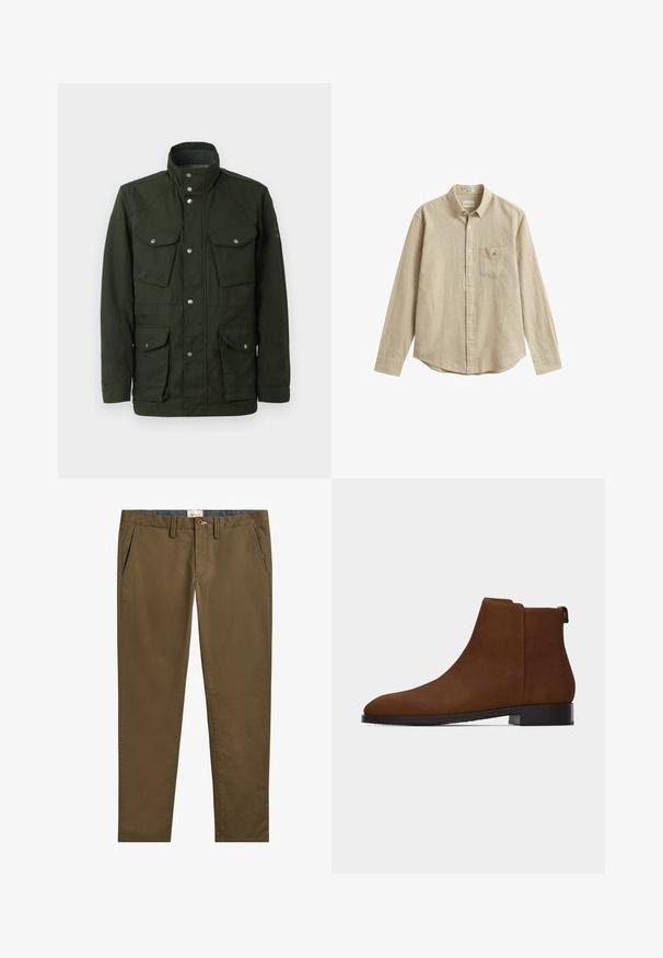 Chaqueta verde oscura de longitud media con cuello alto y herrajes plateados. Dispone de dos bolsillos en el pecho y dos bolsillos laterales inferiores. Textura suave.; Camisa beige de manga larga con botones al frente, cuello y bolsillo en el pecho, hecha de tela texturizada, extendida sobre un fondo blanco.; Chinos de algodón marrones con un diseño de pierna recta, que cuentan con bolsillos laterales, un cierre de botón y un detalle de cintura en contraste.; Botín marrón de ante con tacón bajo, punta redonda y tirador en la parte trasera, mostrado de perfil sobre un fondo blanco.