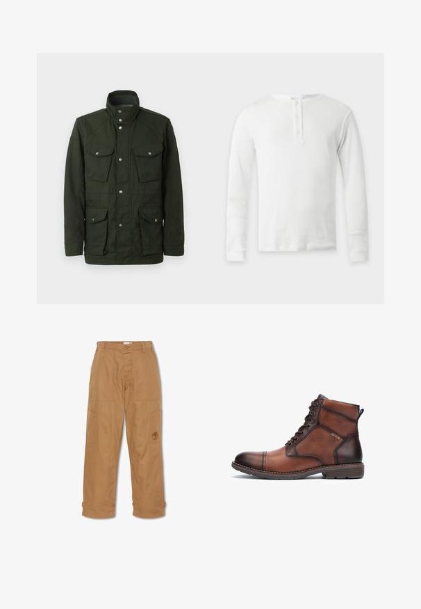 Donkergroen, middellange jas met hoge kraag en zilveren detail. Beschikt over twee borstzakken en twee lagere zijzakken. Glad textuur.; Wit thermal shirt met lange mouwen, ronde hals en drieknopenbies, plat weergegeven op een lichte achtergrond.; Khaki werkbroek, gemaakt van duurzaam materiaal, heeft meerdere zakken, een knoopsluiting en een geborduurd logo op de dij.; Bruine leren en stoffen herenschoenen met enkelhoogte, veters, stikdetails, lage hak en merklogo aan de zijkant.