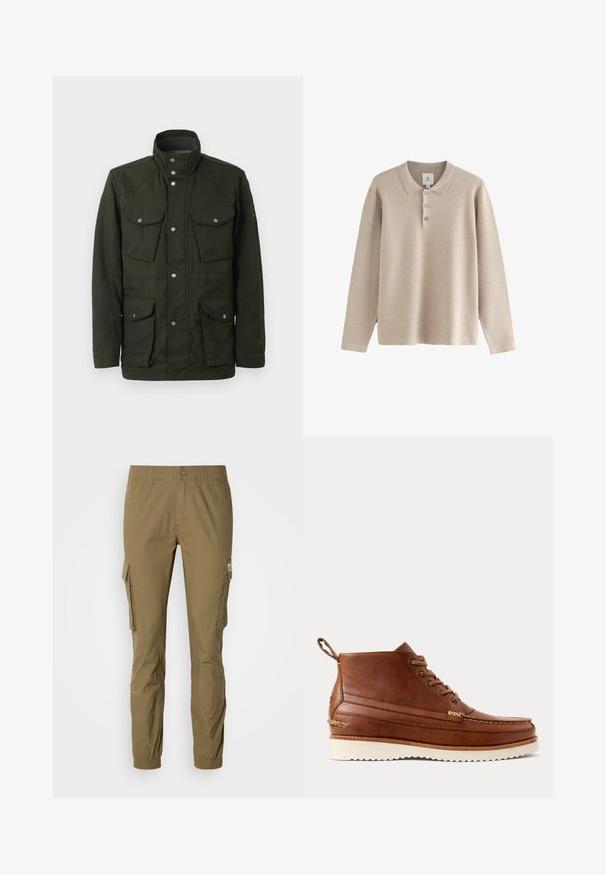 Chaqueta verde oscura de longitud media con cuello alto y herrajes plateados. Dispone de dos bolsillos en el pecho y dos bolsillos laterales inferiores. Textura suave.; Camisa polo de manga larga beige con tres botones y cuello doblado, exhibida sobre un fondo blanco.; Pantalones cargo en verde oliva, con una cintura elástica, bolsillos laterales y piernas ajustadas con puños elásticos. Fabricados con un tejido duradero.; Botín de cuero marrón con suela de goma blanca, cordones delanteros y lengüeta trasera, mostrado sobre un fondo claro liso.