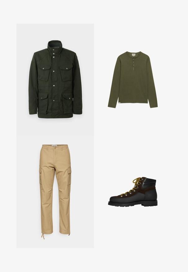 Chaqueta verde oscura de longitud media con cuello alto y herrajes plateados. Dispone de dos bolsillos en el pecho y dos bolsillos laterales inferiores. Textura suave.; Camisa henley de manga larga en verde oliva con cuatro botones negros y cuello redondo, mostrada sobre un fondo blanco.; Pantalones cargo color caqui con un corte recto, fabricados en algodón. Las características incluyen bolsillos laterales, cierre de botón y lazos ajustables en los tobillos.; Bota de senderismo de ante marrón y cuero negro con cordones amarillos, ojales de metal y suela negra resistente. Diseño de corte medio para mayor soporte.