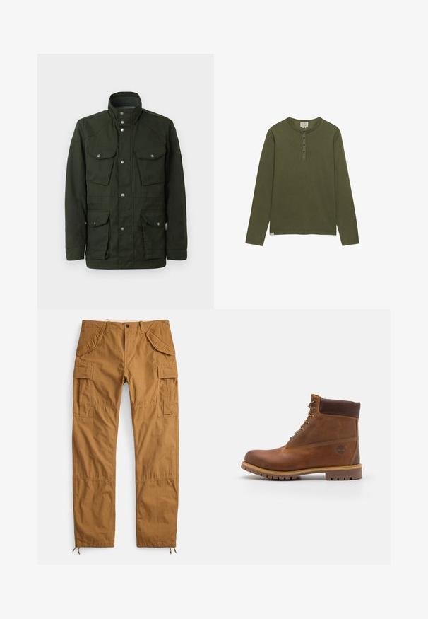 Veste mi-longue vert foncé avec un col haut et des éléments en métal argenté. Comprend deux poches poitrine et deux poches latérales inférieures. Texture lisse.; Chemise henley à manches longues vert olive avec quatre boutons noirs et un col rond, présentée sur un fond blanc.; Pantalon cargo beige en coton, avec de multiples poches, une coupe décontractée et des ourlets à cordon pour une longueur ajustable.; Botte de randonnée en cuir marron avec une finition lisse, cheville rembourrée, œillets en métal et semelle en caoutchouc dotée d'un motif de crampons robuste.