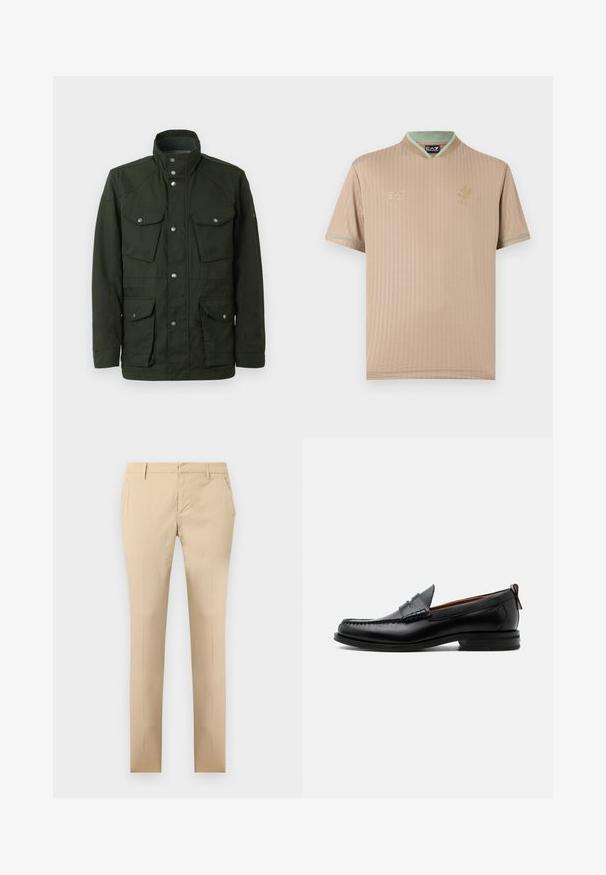 Donkergroen, middellange jas met hoge kraag en zilveren detail. Beschikt over twee borstzakken en twee lagere zijzakken. Glad textuur.; Beige sportshirt met korte mouwen en dunne verticale strepen, mintgroene kraag en mouwzoom, EA7-logo en embleem op de borst.; Beige slim-fit broek met riemlussen, zijzakken en een verborgen ritssluiting aan de voorkant, op een effen witte achtergrond.; Zwarte leren herensloffen met moc toe stiksel, pennyriem, gestructureerde kraag en lage gestapelde hak op witte achtergrond.