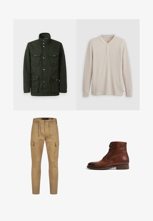 Mørkegrøn, mellemlang jakke med høj krave og sølvhardware. Har to brystlommer og to nederste sidelommer. Glat tekstur.; Langærmet henley-skjorte i lys beige ribbet stof, med V-hals, tre-knap placket og manchetter ved ærmerne. Rød logo-tags ved kanten.; Kaki cargo bukser med snøre i taljen, tætsiddende pasform og sidelommer; lavet af et let, tekstureret materiale.; Brune læder ankelstøvler med en rund tå, 6 øjer og en glat tekstureret overflade. Har en lav stablet hæl og kontrasterende syning.