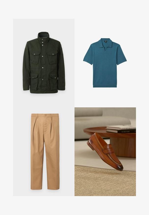 Donkergroen, middellange jas met hoge kraag en zilveren detail. Beschikt over twee borstzakken en twee lagere zijzakken. Glad textuur.; Turquoise poloshirt met korte mouwen, gemaakt van een gladde stof; voorzien van een v-halskraag en platte boorden, met een subtiele textuur overal.; Lichtbruine katoenen broek met een relaxte pasvorm, geplooid ontwerp, tailleband met knoopsluiting en recht modellende pijpen. Glad textiel zonder patronen.; Herenloafer van tan leer met gestikte details, zwevend in de lucht in een beige woonkamer nabij een houten salontafel met gestapelde boeken.