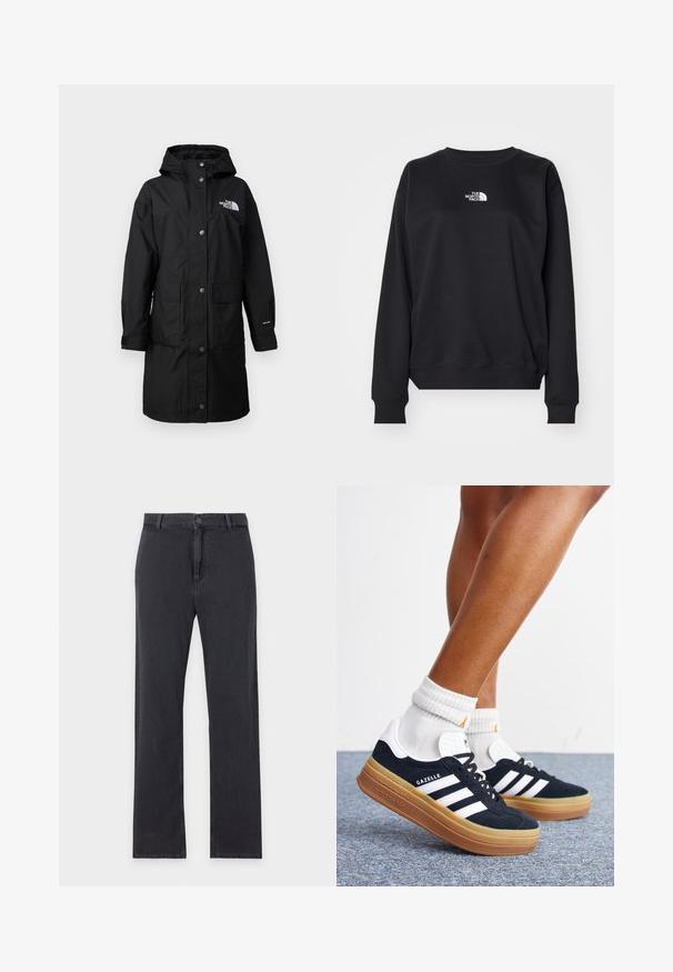 Zwarte, lange regenjas met een capuchon, twee voorzakken, drukknoopsluiting en een logo op de borst; gemaakt van weerbestendig materiaal.; Zwarte sweatshirt gemaakt van een katoenmengsel, met een ronde halslijn, lange mouwen, ribgebreide manchetten en een klein wit logo op de borst.; Zwarte jeans met rechte pijpen, knoop- en ritssluiting aan de voorkant, riemlussen en klassiek ontwerp met vijf zakken, plat gelegd op een witte achtergrond.; Ben met witte sokken en zwarte Adidas Gazelle sneakers met witte strepen en dikke bruine zolen op een grijs tapijt.