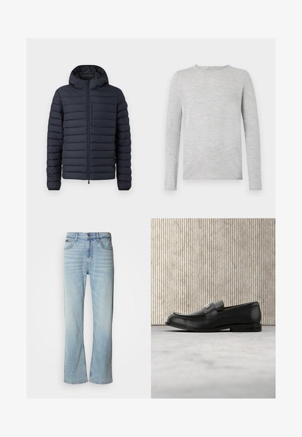 Donzen jas in donkerblauw, met horizontaal gestikte secties, een capuchon, een ritssluiting aan de voorkant en een borstzak met rits.; Grijze blouse met lange mouwen, gemaakt van zachte, gestructureerde stof met een ronde hals en rechte snit, zonder zichtbare patronen of accenten.; Lichtblauwe denim jeans met een rechte pijp, voorzien van vijf zakken, een knoopsluiting en subtiele vervaging op de stof.; Zwarte leren loafer met een metalen merktekenplaatje, rustend bij een bruine ronde tafel op een beige tapijtvloer.