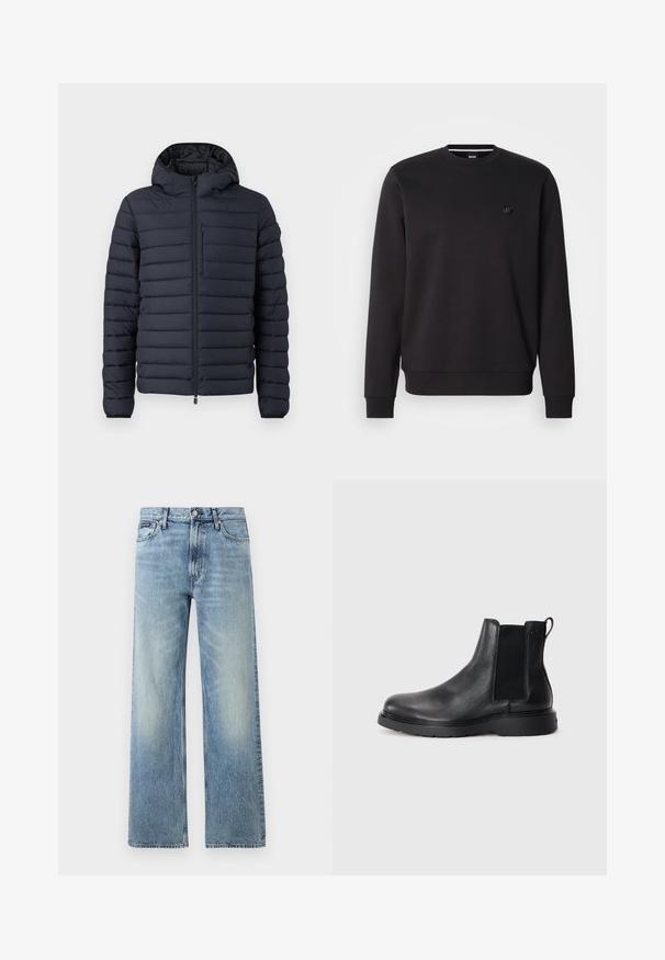 Doudoune en bleu marine foncé, dotée de sections matelassées horizontales, d'une capuche, d'une fermeture éclair à l'avant et d'une poche poitrine zippée.; Sweat-shirt noir en tissu doux avec un col rond, des manches longues et des poignets côtelés. Il présente un petit logo sur la poitrine pour plus de détail.; Jean droit en denim bleu clair avec taille haute, cinq poches, fermeture à boutons et léger délavage sur les cuisses et les genoux.; Bottes Chelsea en cuir noir avec une finition texturée, des panneaux latéraux élastiques et une semelle en caoutchouc robuste. Branding subtil sur le talon.
