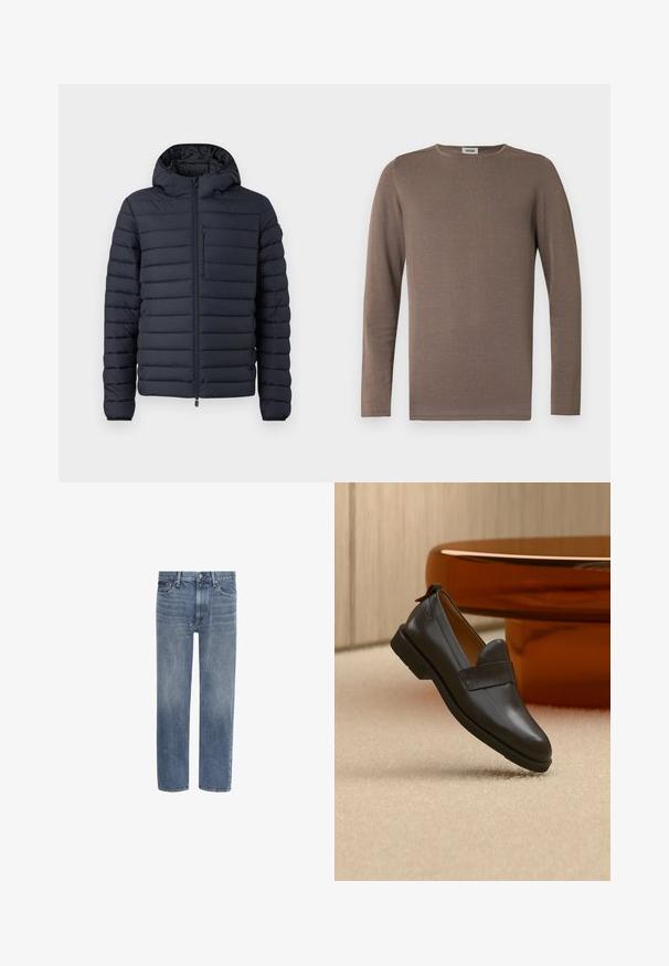 Donzen jas in donkerblauw, met horizontaal gestikte secties, een capuchon, een ritssluiting aan de voorkant en een borstzak met rits.; Bruine lange mouwen shirt gemaakt van zachte stof, met een ronde halslijn en een geribbelde textuur. Eenvoudig, klassiek ontwerp zonder versieringen.; Blauwe spijkerbroek met rechte pijpen, voorzakken, riemlussen en een knoopsluiting.; Zwarte leren loafer met lage hak zwevend boven een beige tapijt, naast een glanzende amberkleurige tafel in een minimalistische kamer.