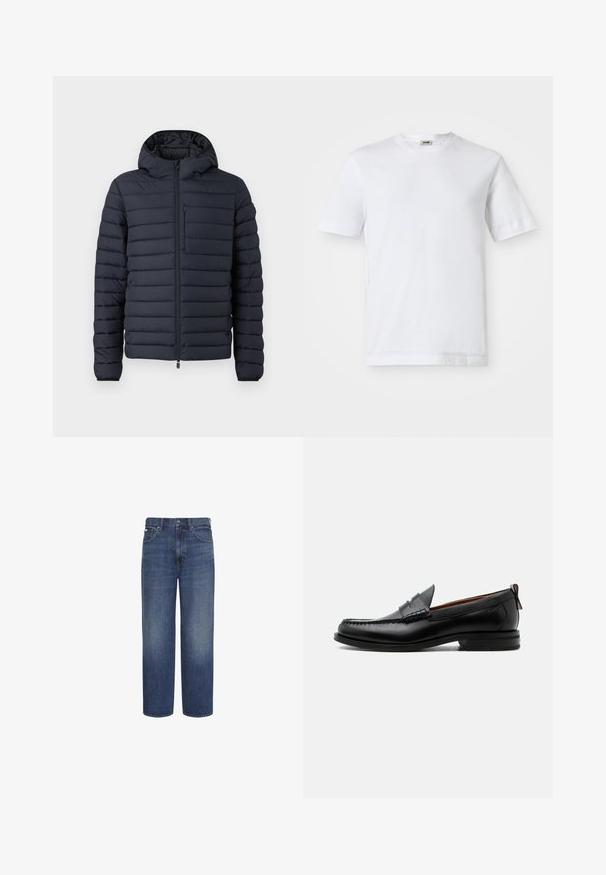 Donzen jas in donkerblauw, met horizontaal gestikte secties, een capuchon, een ritssluiting aan de voorkant en een borstzak met rits.; Witte katoenen t-shirt met korte mouwen, ronde hals en een soepele textuur. Geen patronen of accenten zichtbaar.; Blauwe jeans met hoge taille en rechte pijpen, met knoop en rits aan de voorkant, riemlussen en voor- en achterzakken.; Zwarte leren herensloffen met moc toe stiksel, pennyriem, gestructureerde kraag en lage gestapelde hak op witte achtergrond.