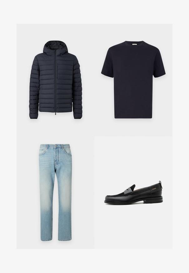 Donzen jas in donkerblauw, met horizontaal gestikte secties, een capuchon, een ritssluiting aan de voorkant en een borstzak met rits.; Navy blauwe katoenen T-shirt met een ronde hals, korte mouwen en een relaxte pasvorm; gladde textuur; geen zichtbare patronen of hardware.; Lichtblauwe jeans van denim, met een rechte pijpdesign, vijf zakken en een vervaagde was-effect op de dijen.; Zwarte leren loafer met grijs riemdetailelement, lage hak en gestructureerde zool, aan de zijkant gebrandmerkt met "HUGO" in goud.