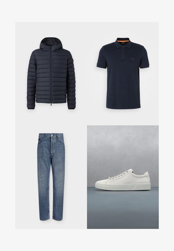 Donzen jas in donkerblauw, met horizontaal gestikte secties, een capuchon, een ritssluiting aan de voorkant en een borstzak met rits.; Marine polo shirt met een ritskraag, voorzien van een kleine logo patch op de borst en korte mouwen. Gemaakt van een katoenmix met een soepele textuur.; Blauwe denim jeans met rechte pijpen, hoge taille, knoopsluiting aan de voorkant en vijfzakkenontwerp op een effen lichte achtergrond.; Witte leren sneaker met een ronde neus, minimalistisch ontwerp, grijze veters en een gestructureerde grijze rubberen zool. Fijne stikdetails zichtbaar.