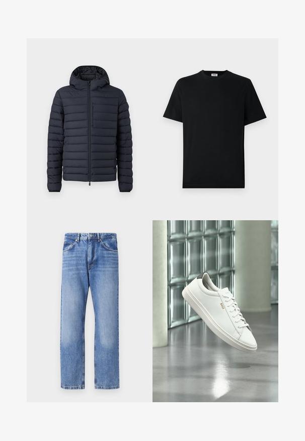 Donzen jas in donkerblauw, met horizontaal gestikte secties, een capuchon, een ritssluiting aan de voorkant en een borstzak met rits.; Eenzwarte korte mouwen T-shirt met ronde hals, plat weergegeven tegen een witte achtergrond, met een klein merkje binnenin de kraag.; Lichtblauwe denim jeans met een rechte pijp, vijf zakken, contraststiksels en een iets vervaagde afwerking. Knoop- en ritssluiting.; Witte leren lage sneaker met veters, zwarte hielstrook en "BOSS"-logo, zwevend binnenshuis bij een glazen stenen muur en gepolijste vloer.