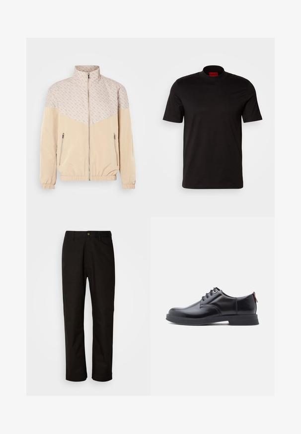 Beige vindjakke med et mønstret øverste afsnit. Har en stående krave, frontlynlås og elastiske manchetter. To sidelommer med lynlås.; Sort kortærmet t-shirt med høj hals design. Fremstillet af glat stof. Har et rødt mærke på indersiden af kraven.; Sorte bomuldsbukser med lige pasform, bæltestropper, lynlås foran og en enkelt knappelukning. Glat tekstur uden synlige mønstre.; Sorte snørestøvler i læder med glat tekstur, rundet tå og diskrete syningsdetaljer. Har en rød trækflig på hælen.