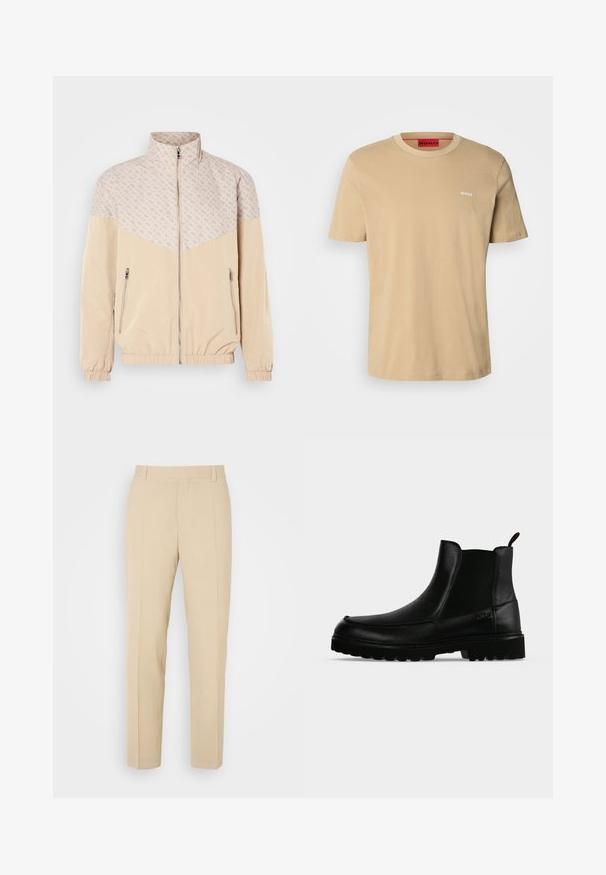 Beige Windbreaker-Jacke mit einem gemusterten oberen Teil. Mit Stehkragen, Frontreißverschluss und elastischen Bündchen. Zwei seitliche Reißverschlusstaschen.; Beige Baumwoll-T-Shirt mit Rundhalsausschnitt, kurzen Ärmeln und einem kleinen weißen "HUGO"-Logo auf der Brust. Glatte Textur ohne Muster.; Beige maßgeschneiderte Hosen mit geradem Bein, aus leichtem Stoff, mit zwei vorderen Taschen und ordentlich gebügelten Falten.; Schwarzer Lederknöchelstiefel mit strukturierter Sohle, elastischen Seitenteilen und Zuglasche vor einem hellgrauen Hintergrund.