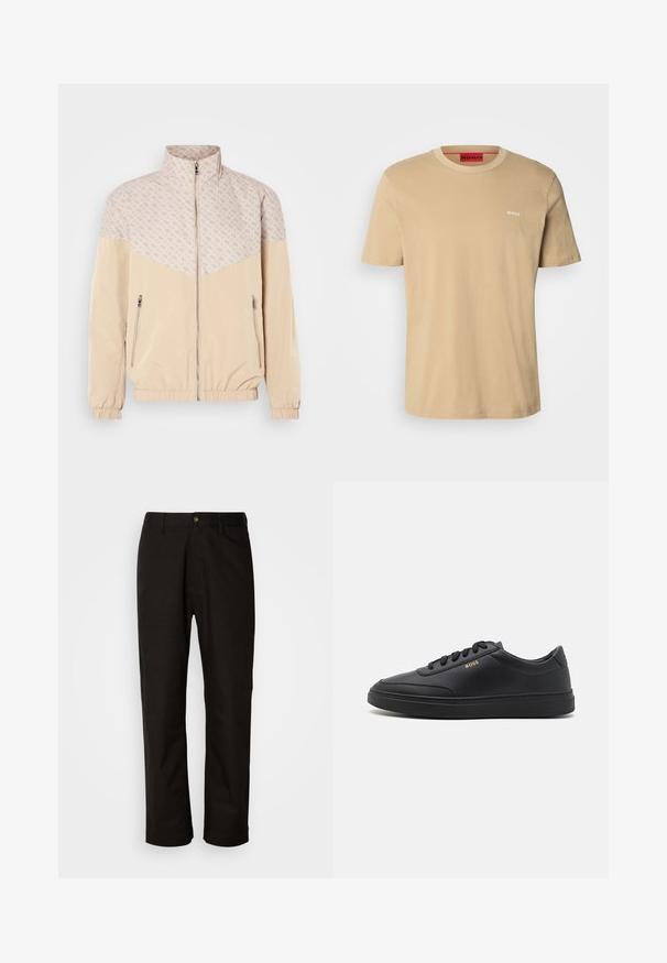 Beige vindjakke med et mønstret øverste afsnit. Har en stående krave, frontlynlås og elastiske manchetter. To sidelommer med lynlås.; Beige bomulds t-shirt med rund halsudskæring, korte ærmer og et lille hvidt "HUGO" logo på brystet. Glat tekstur uden mønstre.; Sorte bomuldsbukser med lige pasform, bæltestropper, lynlås foran og en enkelt knappelukning. Glat tekstur uden synlige mønstre.; Sorte lædersneakers med en glat overflade, rund tå, flad gummisål og tonede snørebånd. Udstyret med guld "BOSS" branding på siden.