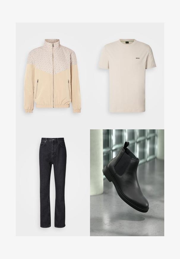 Beige vindjakke med et mønstret øverste afsnit. Har en stående krave, frontlynlås og elastiske manchetter. To sidelommer med lynlås.; Beige bomulds T-shirt med rund hals og korte ærmer. Har et lille sort "BOSS" logo på venstre bryst. Blød tekstur.; Høj talje sorte denim jeans med knap- og lynlåsåbning, for- og baglommer samt lige ben.; Sort læder Chelsea-støvle med elastiske sidepaneler og træk-flig, vist svævende over en poleret betongulv nær glasblokke.
