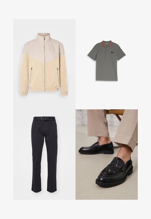 Beži windbreaker jakk, millel on mustriline ülemine osa. Omab seisvat kraed, eest luku ja elastseid mansette. Kaks külgmise lukuga taskut.; Hall halli lühikeste varrukatega polo särk, millel on kolm nööpi, punaste triipudega krae ja rinnal logo plaaster, millel on tekst "Tom Tailor".; Mustad puuvillased püksid sirge jala disainiga, mis on varustatud vööd metallklambriga ja viie vöökõrvalise silmaga. Sile pind ilma nähtavate mustriteta.; Mustad nahast mokassiinid sileda viimistlusega, dekoratiivse rihma ja kontrastõmblustega, koos beežide pükstega.