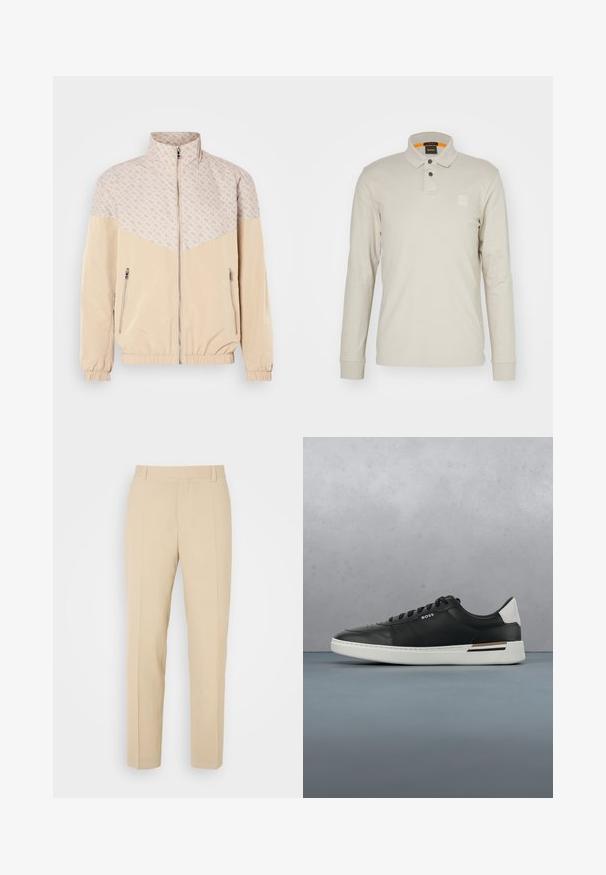 Beige windbreaker jack met een gestructureerd bovenstuk. Heeft een staande kraag, een rits aan de voorkant en elastische manchetten. Twee zijzakken met rits.; Poloshirt met lange mouwen in lichtbeige katoen. Beschikt over een kraag, twee knopen en een klein, gedebosseerd logo op de borst. Oranje binnenkraag.; Beige op maat gemaakte broek met een recht gesneden ontwerp, gemaakt van lichtgewicht stof, met twee voorzakken en nette, geplooide vouwen.; Zwarte leren sneaker met witte zool, voorzien van perforaties, vetersluiting, logo aan de zijkant en contrasterend hieldetail in wit en bruin.