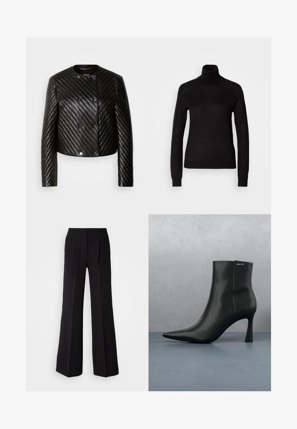 Sort quiltet læderjakke med rund hals, lange ærmer og trykknapper, med diagonale syninger og en kort design.; Sort turtleneck sweater lavet af et let strikket stof. Har lange ærmer og en tætsiddende silhuet med raglan-sømme.; Sorte bukser lavet af glat stof, med høj talje, bred ben silhuet og to frontfolder for ekstra design detaljer.; Sort læder ankelstøvle med spids tå og geometrisk hæl. Har subtil branding og en glat overflade. Baggrunden består af strukturerede fliser.